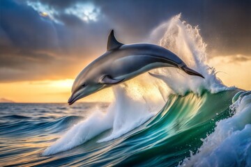 Obraz premium Dolphin leaping over ocean wave at sunset