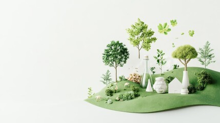 Obraz premium Minimalist green landscape with trees, house, and plants on a white background.