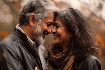 Fototapeta premium Portrait of a smiling indian couple in their 50s standing face to face having intimate romantic moment