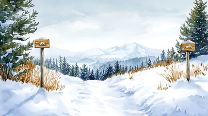 Fototapeta premium Snowy Mountain Path with Wooden Signs.