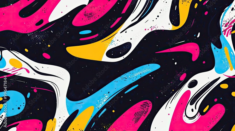Poster energetic abstract pattern with bold, dynamic lines and pops of neon color.