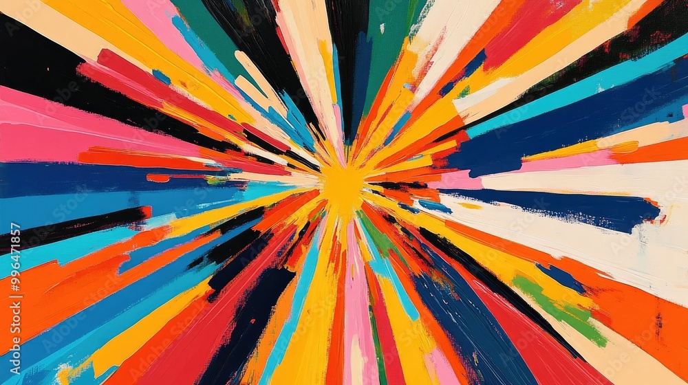 Poster energetic abstract pattern with dynamic lines and bold pops of color, radiating outward from the cen