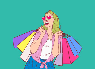 Illustration of happy woman with shopping bags, shopping happily in retro style, happy shopping, Design wallpaper, background, phone screensaver, banner, flyer, print. vector flat color.