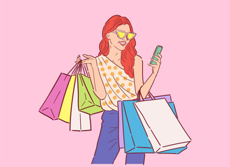 Illustration of happy woman with shopping bags, shopping happily in retro style, happy shopping, Design wallpaper, background, phone screensaver, banner, flyer, print. vector flat color.