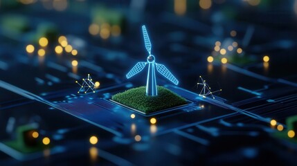 Miniature model of a sustainable city with wind turbine, solar panels, and green spaces.