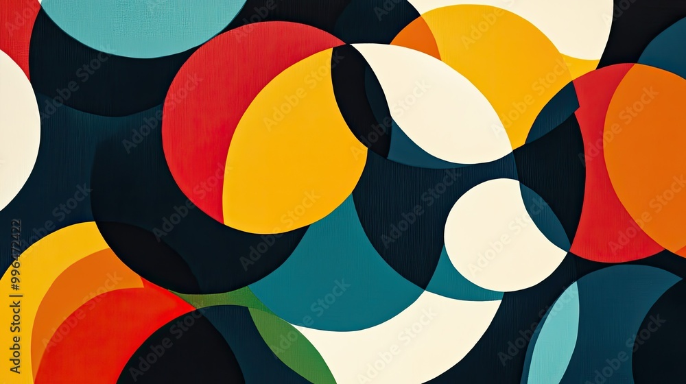Poster geometric abstract pattern with interconnected circles and bright, contrasting colors, sleek and mod