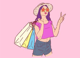 Illustration of happy woman with shopping bags, shopping happily in retro style, happy shopping, Design wallpaper, background, phone screensaver, banner, flyer, print. vector flat color.