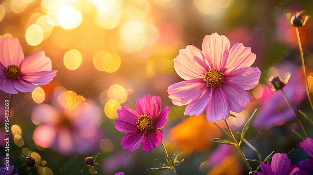 Sticker A field of flowers in sunlight, a spring or summer garden background in closeup macro view, or a flower meadow field in the morning light