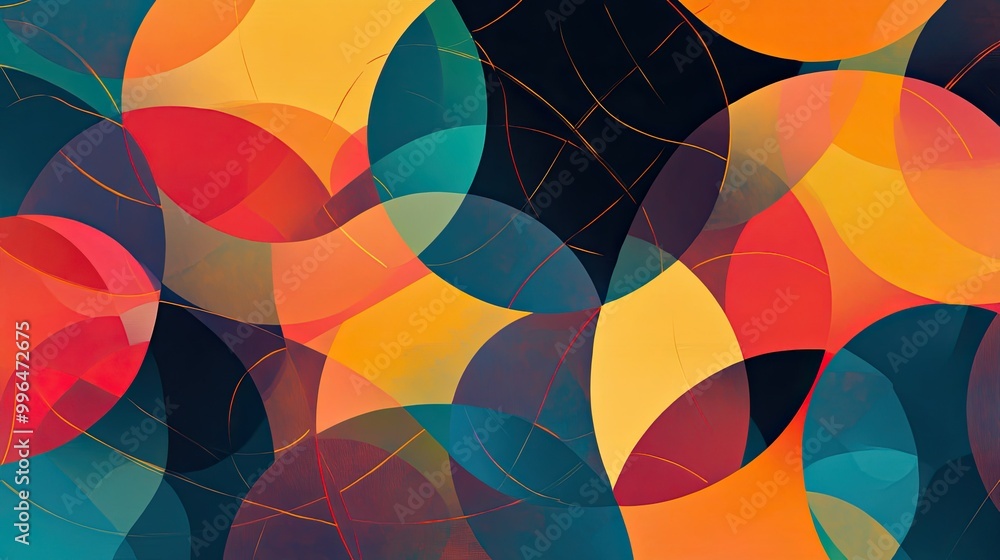 Poster geometric abstract pattern with interconnected circles and bright, contrasting colors.