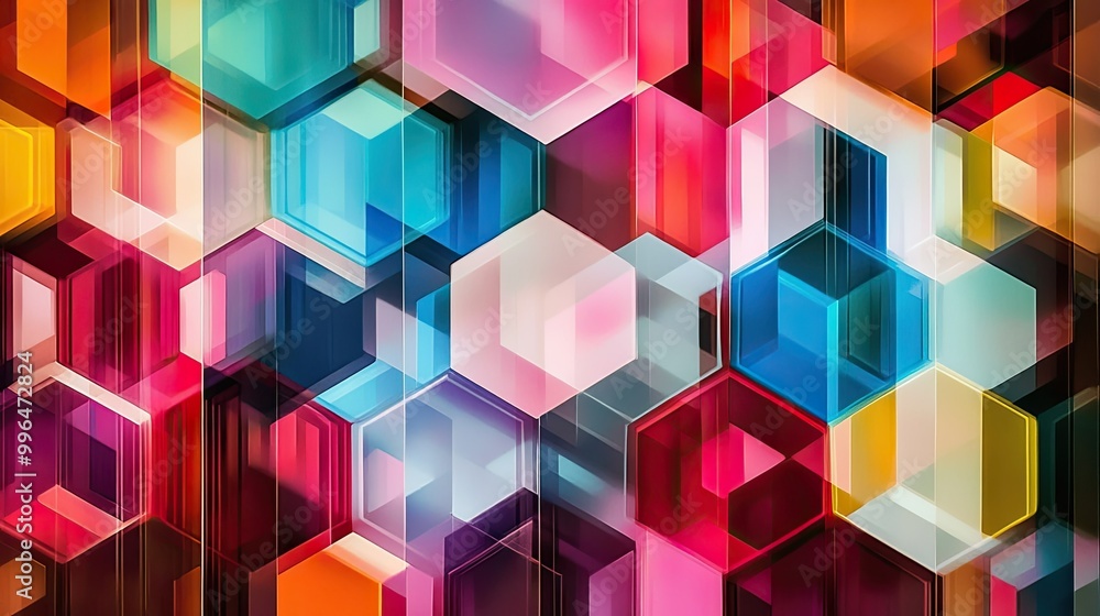 Poster geometric abstract pattern with interconnected hexagons and bright, vibrant colors.