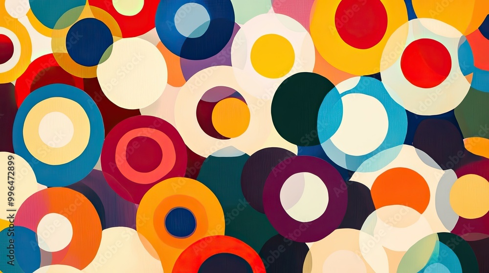 Poster geometric abstract pattern with interconnected circles and bright, contrasting colors.