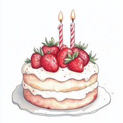 A delightful strawberry cake topped with fresh berries and candles, perfect for celebrations and desserts.