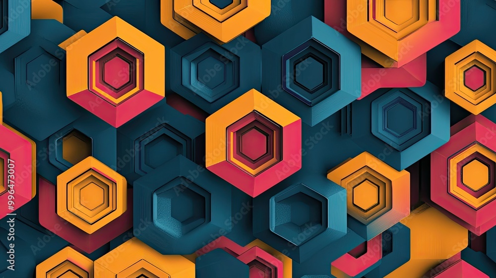 Poster geometric abstract pattern with interconnected hexagons and bright contrasting colors.
