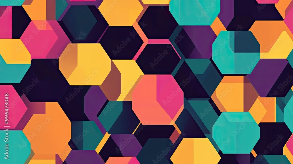 Poster geometric abstract pattern with interconnected hexagons and bright contrasting colors.