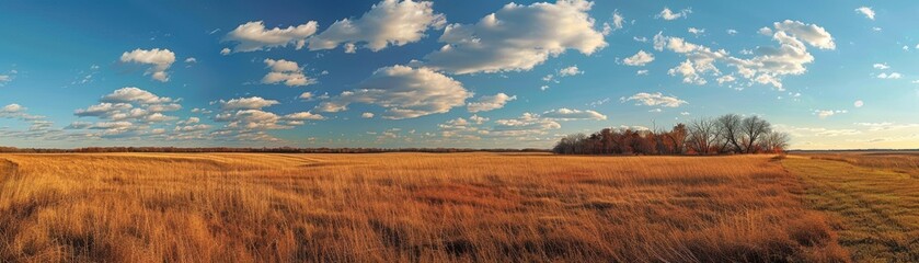 Fototapeta premium A large, open field with a few trees in the distance