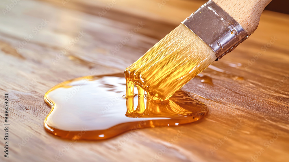 Poster a brush applying clear varnish on a light wooden surface with drips in a rustic setting during dayli