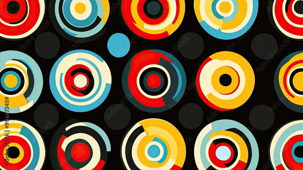 Aufkleber geometric abstract pattern with repeating circles and bright, contrasting colors.