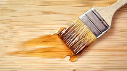 Applying varnish to a weathered oak table with a brush, showcasing a smooth and shiny finish under soft lighting from above