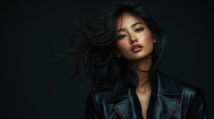 Portrait of a stylish Asian fashion designer striking a pose on a chic, jet black background with free copy space