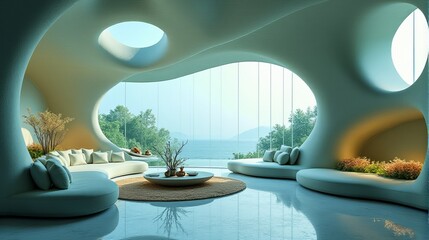 Fototapeta premium Interior Space Integrating Organic and Fluid Forms Into a Functional Living Area With a Color Palette That Evokes a Cool Toned Natural and Serene Atmosphere