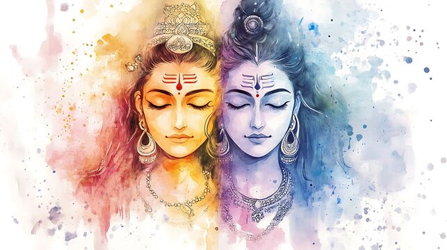 Watercolor Painting of Shiva and Parvati, Hindu Deities.