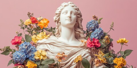 Obraz premium A bust of a serene woman surrounded by vibrant flowers against a soft pink background, evoking beauty and tranquility.