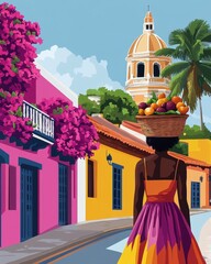 Minimalist Colorful Illustration of Cartagena’s Old Town with Afro-Colombian Woman

