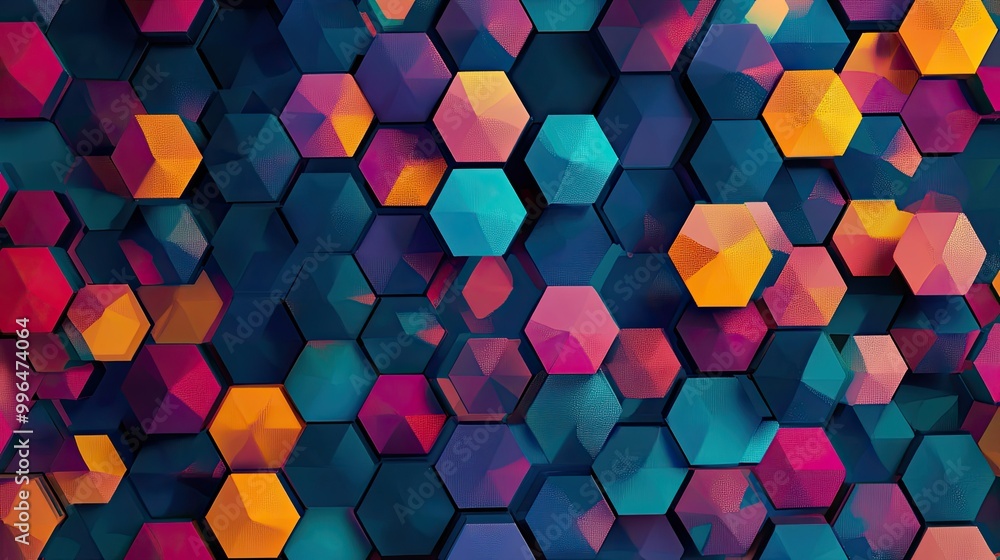 Poster geometric abstract pattern with repeating hexagons in vibrant hues, creating a modern, futuristic lo