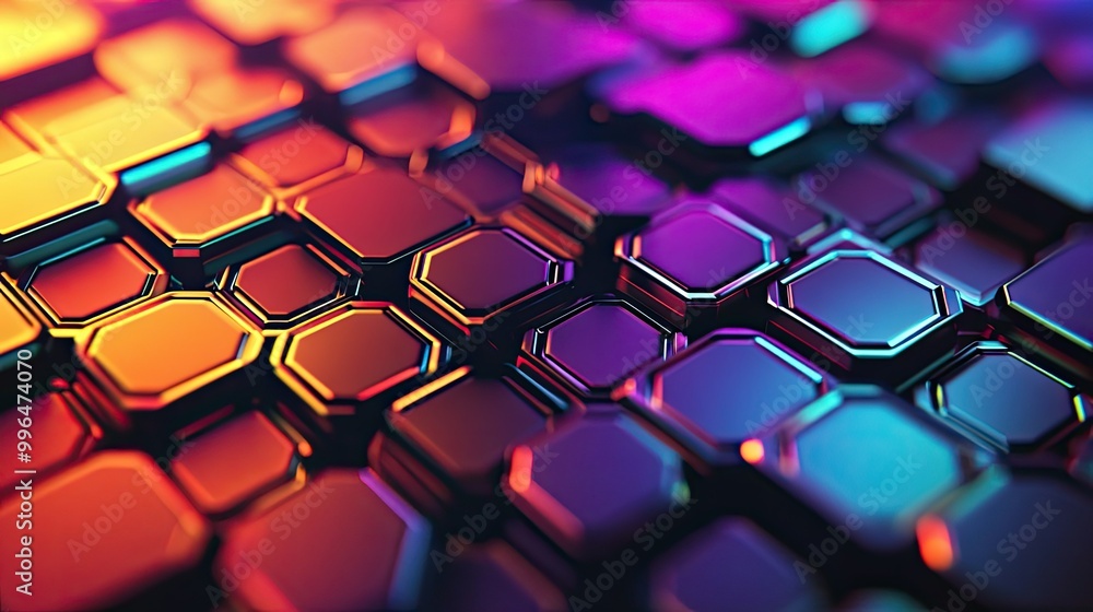 Poster geometric abstract pattern with repeating hexagons in vibrant hues, creating a modern, futuristic lo