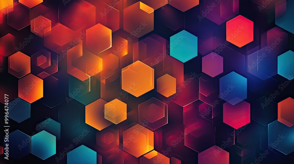 Poster geometric abstract pattern with repeating hexagons in vibrant hues, creating a modern, futuristic lo