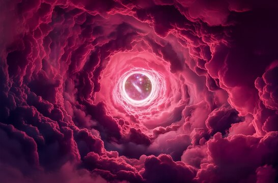 Surreal caleidoscopic swirling pink clouds with celestial light