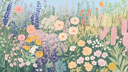 A vibrant and colorful illustration of a diverse flower garden in full bloom, featuring various species and a serene blue sky backdrop.