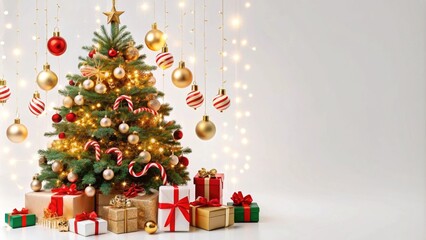 Christmas tree surrounded by colorful presents and glowing lights set against a white background, evoking festive cheer.