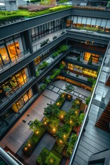 Eco-friendly building. Sustainable office building with garden on balconies for reducing carbon dioxide. Office building with green environment. Corporate building reduce CO2. Net zero building.