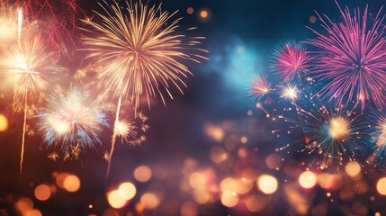 Naklejka premium Fireworks light the sky, painting it with bright colors and a mood of celebration.