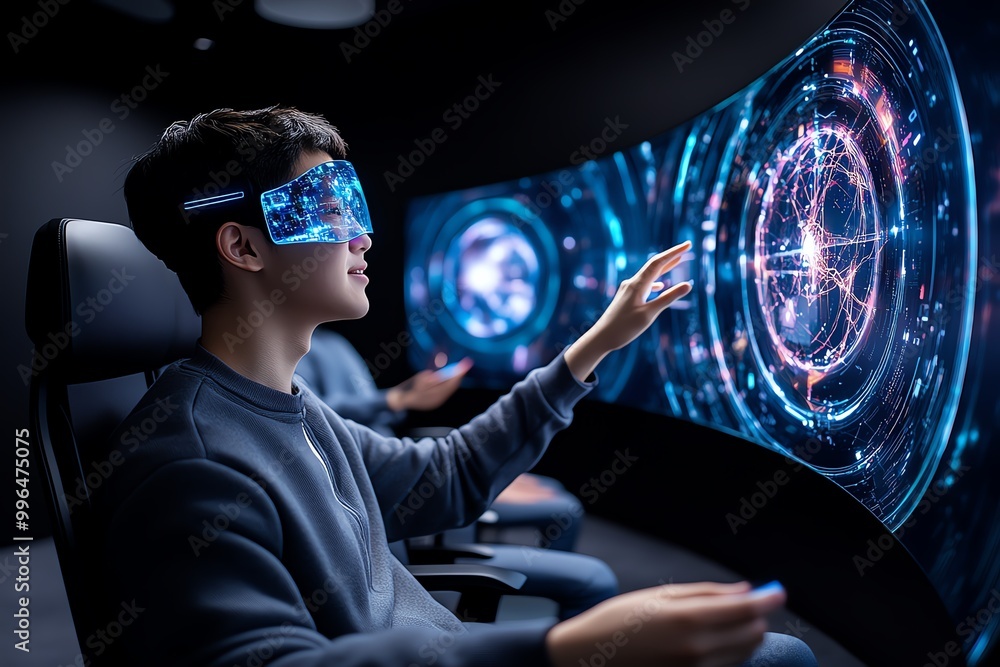 Poster A futuristic e-learning classroom with holographic screens and virtual avatars, where students learn through advanced AI-driven platforms