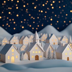 Fototapeta premium Charming winter village scene with glowing houses under starry night sky.