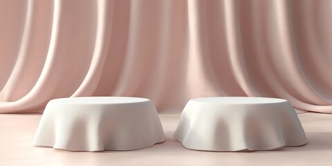 A minimalist setup featuring two soft, cream-colored fabric-covered surfaces against a pink draped background.