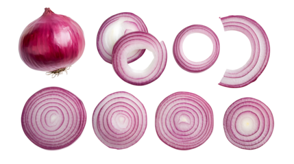 Set of red onions whole bulbs and pieces isolated on transparent background,Set of red onion slices,top view,Fresh red onion and cut in various size,png,Sliced red onions png,full depth of field,Ai
