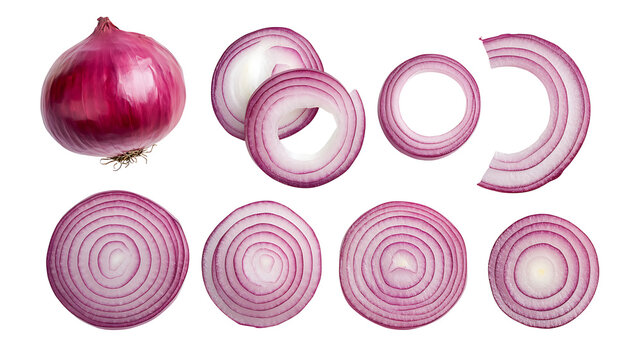 Set of red onions whole bulbs and pieces isolated on transparent background,Set of red onion slices,top view,Fresh red onion and cut in various size,png,Sliced red onions png,full depth of field,Ai