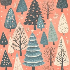 Merry Christmas trees with mistletoe, rough hand drawing on red and green chrismas paper