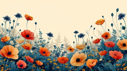 Poster with flowers. Greeting and invitation postcard template. Minimalistic abstract creativity and art. Bloom and blossom plants. Flyer, booklet and leaflet. Flat vector illustration