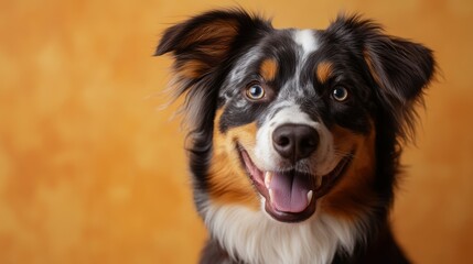 Fototapeta premium Spirited Australian Shepherd happy head portrait on a yenllow background in the studio