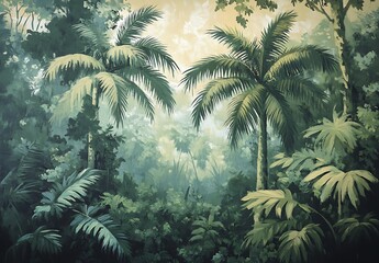Vintage wallpaper of the jungle, oil painting, 3D jungle landscape