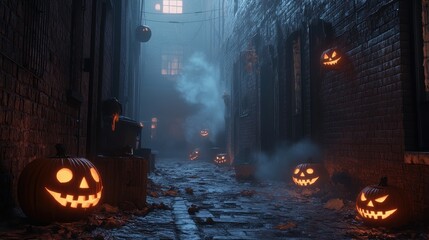 Eerie Halloween Alley with Glowing Jack-O'-Lanterns, Swirling Fog, and Lurking Shadows