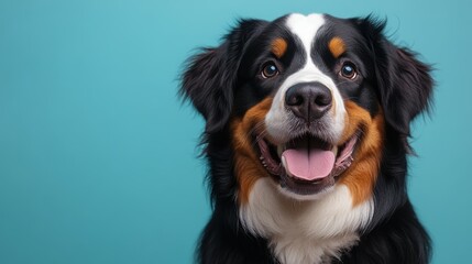 Energetic Bernese Mountain Dog happy head portrait on a liteblue background in the studio