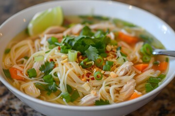 Delicious Chicken Noodle Soup with Rice Noodles, Lime, and Chili Pepper