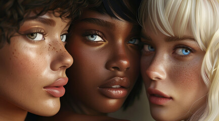 Obraz premium Three women of different races stand together, looking at camera