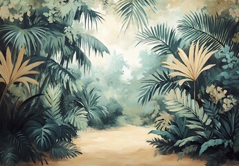 Vintage wallpaper of the jungle, oil painting, 3D jungle landscape