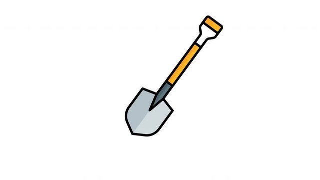 Animated grey shovel with black handle and yellow end suitable for gardening, landscaping, construction, digging, outdoor activities, tools, DIY projects